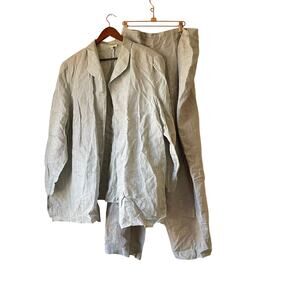 Vintage 80s linen power suit grey with open blazer and pants size 24